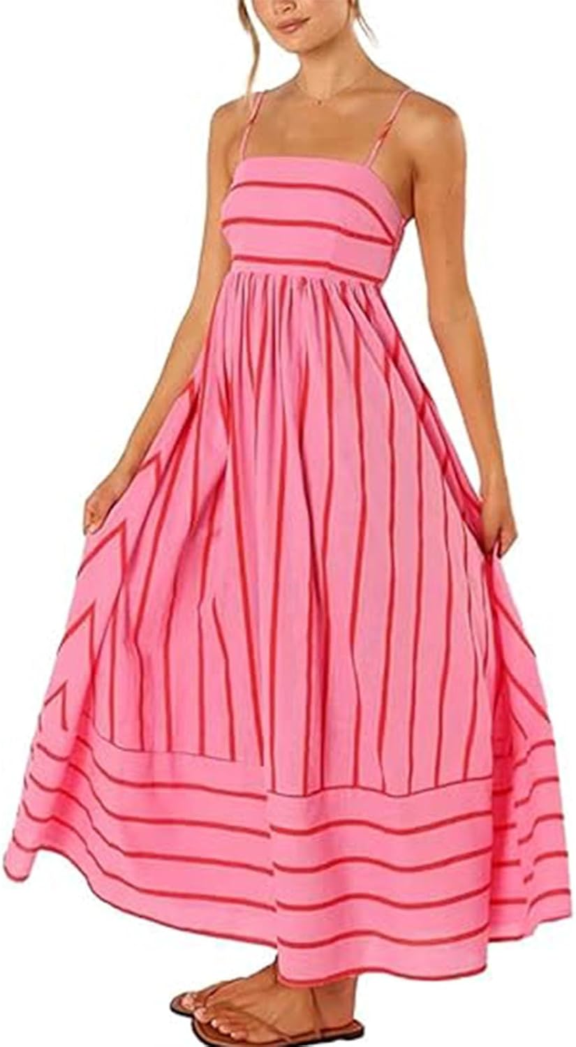 Women's Striped Sleeveless Maxi Dress Backless Pleated Spaghetti Strap Bohemian Flowy Long Sundress