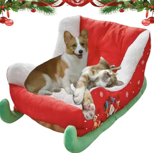 2026 New Christmas Sleigh Dog Beds,Interesting Red Christmas Cat Dog Bed，Holiday Plush Pet Bed with Synthetic Fur,Washable Durable Cozy Comfort for Indoor Outdoor Use（24.8×17.7×13 inches）