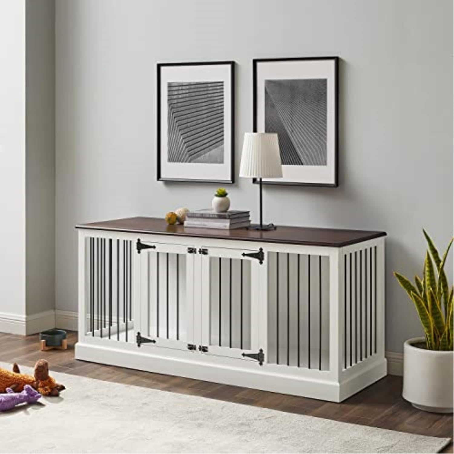 Crosley Furniture Winslow Medium Credenza Pet Crate, White/Dark Brown
