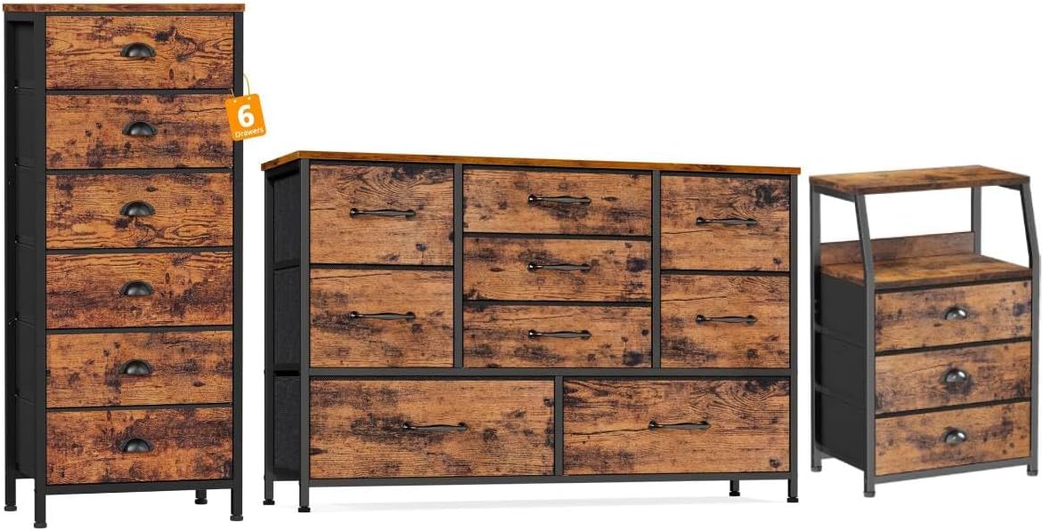 Furnulem Vertical End Table and Nightstand for Bedroom, Wide Dresser with 9 Large Drawers for 55'' Long TV Stand Entertainment Center for Bedroom,Living Room,Closet,Entryway,Sturdy Metal Frame