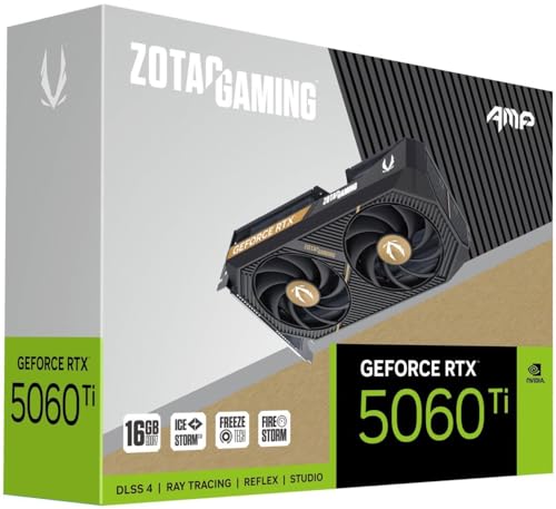 ZOTAC Gaming GeForce RTX 5060 Ti 16GB AMP DLSS 4 16GB GDDR7 128-bit 28 Gbps PCIE 5.0 Gaming Graphics Card, IceStorm 2.0 Cooling, White LED Lighting, ZT-B50620F-10M