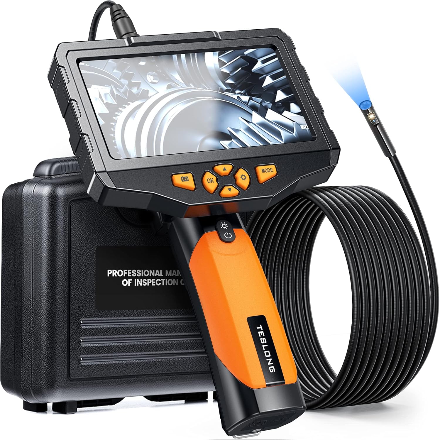 Teslong Dual Lens Inspection Camera with Light, Digital Industrial Borescope, Video Endoscope, Scope Camera, 5 IPS Screen, 16.4ft Flexible Probe, 1080p, Tool for Home, Pipe, Automotive (Waterproof)