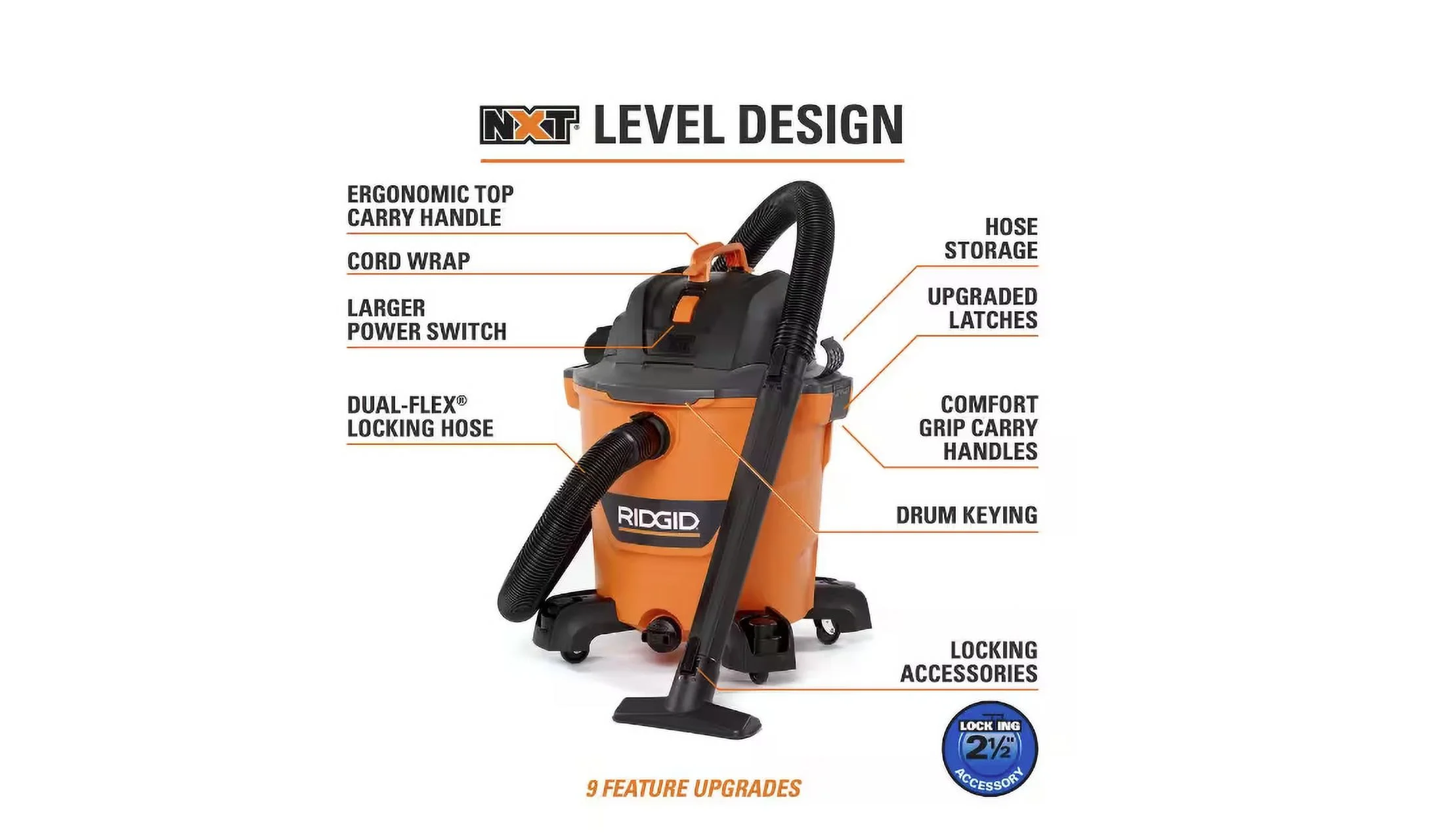 RIDGID 12 Gallon 5.0 Peak HP NXT Wet/Dry Shop Vacuum with Filter, Locking Hose and Accessories