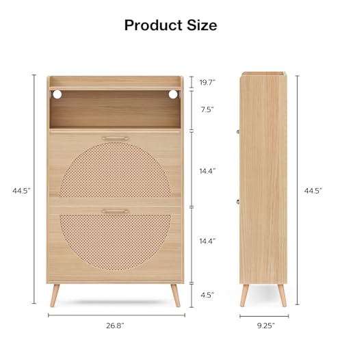 LED Rattan Shoe Storage Cabinet with 2 Flip Drawers,Freestanding Narrow Shoe Organizer Rack Slim Wood for Entryway,Foyer,Hallway,Living Room,Natural