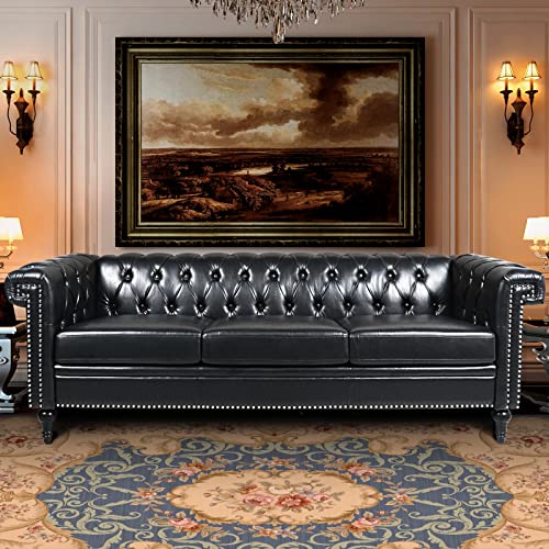 Chesterfield Velvet Sofas for Living Room, Traditional Square Arm 3-Seater Sofa 82.5