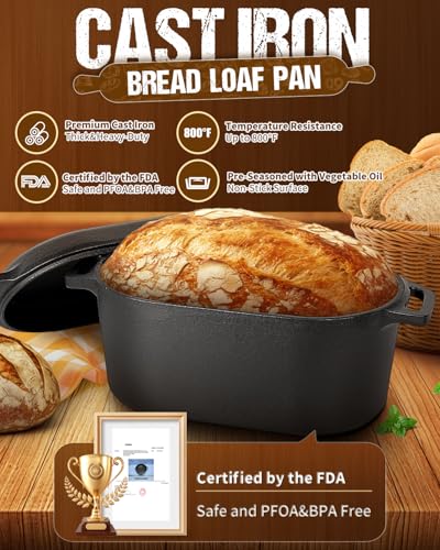Oval Dutch Oven for Bread Baking, 3.6qt, Black, Up To 1000 ℉ Cast Iron Loaf Dutch Oven With Lid For Homemade Bread, Sourdough Bread Pan