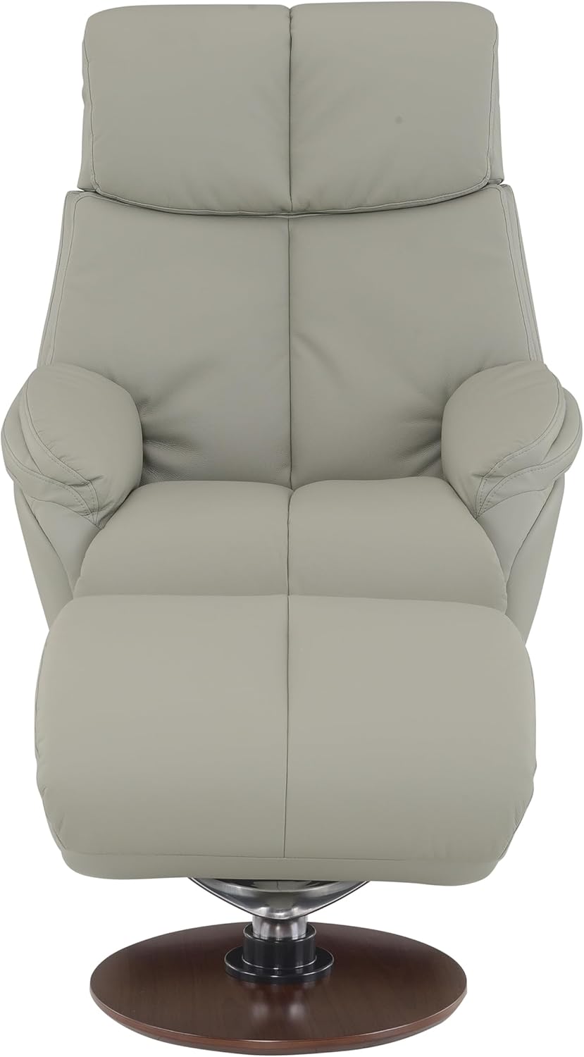 Genuine Leather Swivel Chair with Ottoman - Swivel Recliner Chair with Reclining and Swivel Function, Upholstered Chair and Ottoman Set with High Backrest and Round Wooden Base, Gray