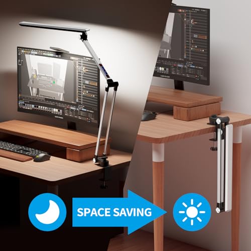 Space Saving LED Desk Lamps,Touch Adjustment 10 Color Temperatures &10 Brightness Eye-Caring Modes, Swing Arm Desk Light with Clamp，Lamp for Home Office 360° Spin Memory Function-Metallic Gray