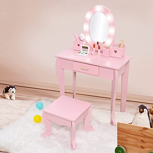 Kids Vanity Set with Mirror,Kids Vanity Table and Chair Set Girls' Makeup Dressing Table with Lights & Wood Makeup Playset for Age 4-9 Years