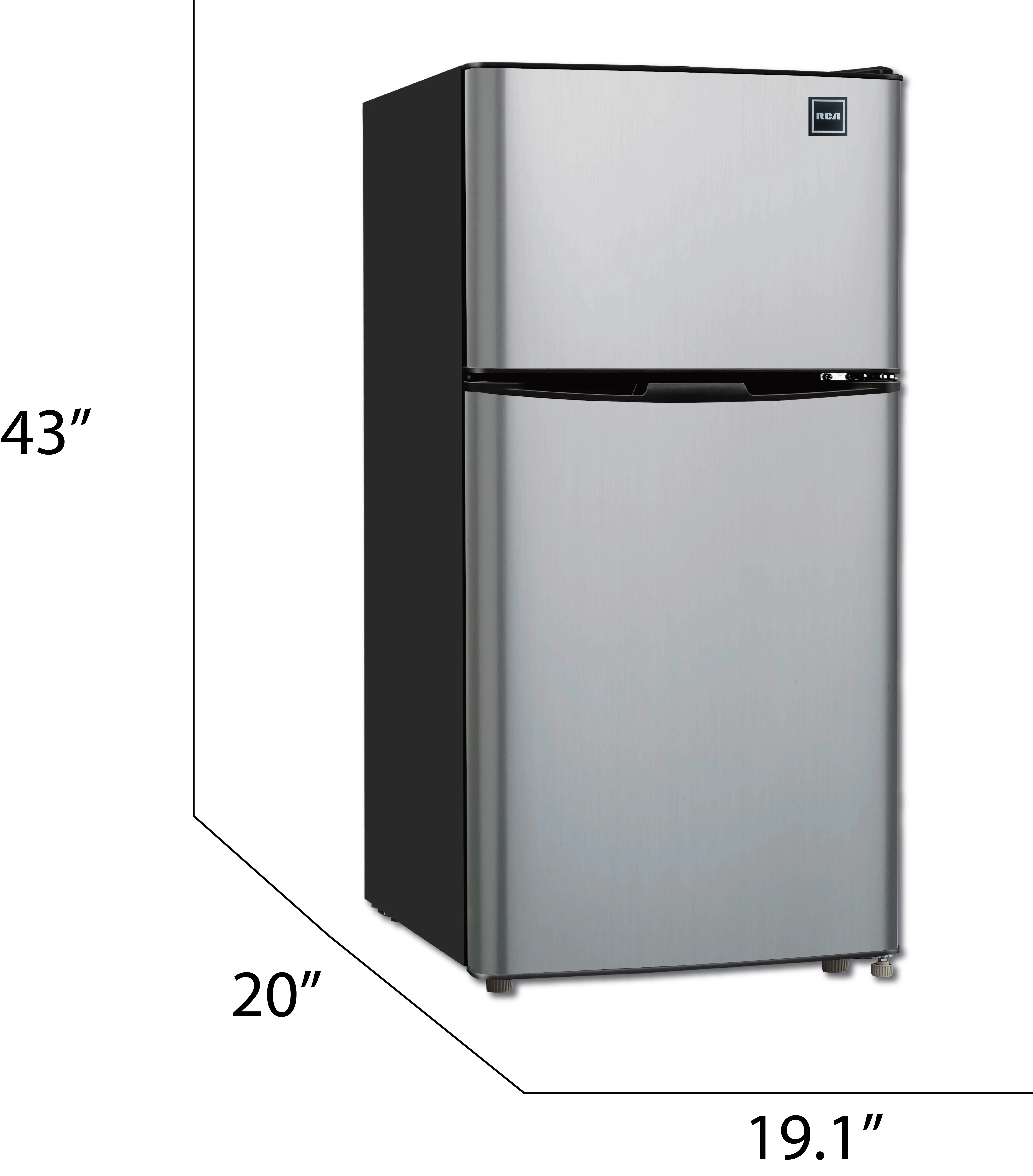 RCA 4.7 Cu ft Two Door Mini Fridge with Freezer RFR459, VCM Stainless Steel