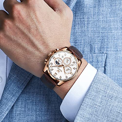 OLEVS Mens Watches Leather Chronograph Luxury Fashion Dress Analog Quartz Wrist Watch Luminous Waterproof Moon Phase Date