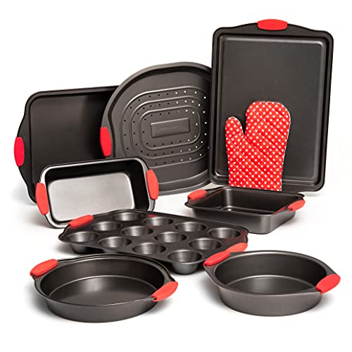 Baking Pans Set, Oven Safe Baking Sheet Set Carbon Steel Non-Stick PTFE Coating, Bakeware Set With Heat Red Silicone Handles, Black Baking Trays For Oven By Moss & Stone