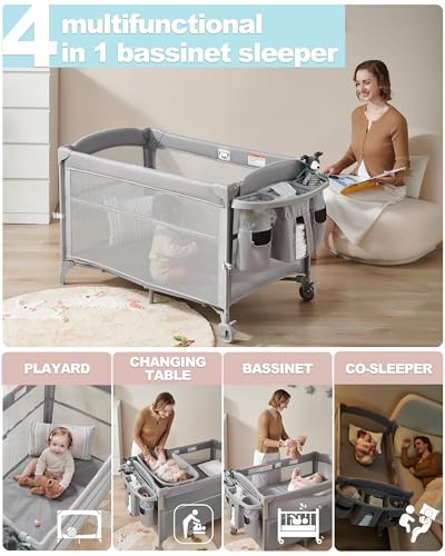 Baby 4 in 1 Bassinet Bedside Sleeper, 4 Functions Bedside Crib Sleeper, Playard, Changing Table, Baby Bassinet for Newborn Baby, Bedside Bassinet for Baby Portable Changing Table