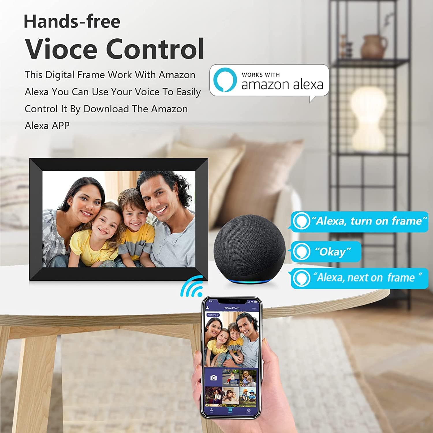 WiFi Digital Photo Frame 10.1 inch Work with Alexa Voice Control HD IPS Touch Screen, Built-in16GB Storage, Auto-Rotate Wall-Mountable, Share Photo/Video Instantly via Free App