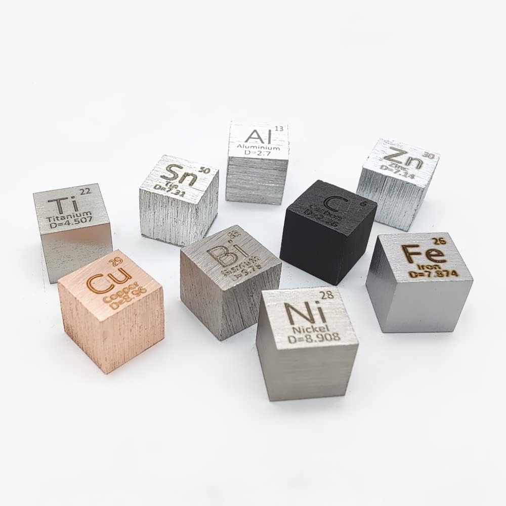 9 PCS Element Cube Set 10mm Density Cubes Up to 99.99% Pure Daily Metal Cubest Titanium Bismuth Carbon Nickel Iron Copper Zinc Aluminium Tin for Collections DIYs Pack of 2