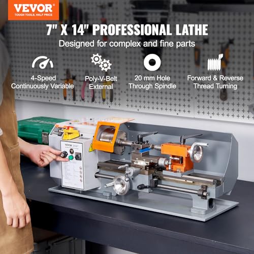 VEVOR Metal Lathe Machine, 7'' x 13.78'', Precision Benchtop Power Metal Lathe, 0-2200 RPM Continuously Variable Speed, 500W Brush Motor Metal Gears, with Tool Box for Processing Precision Parts