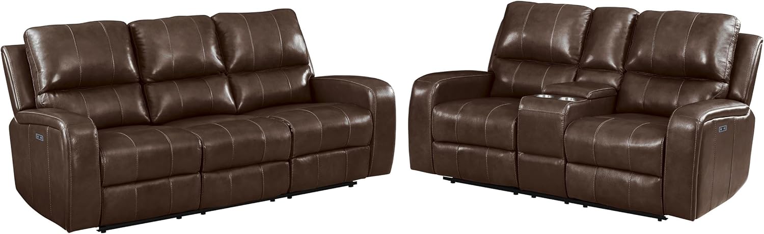New Classic Furniture Linton Leather Power Reclining Sofa and Loveseat Set, Brown