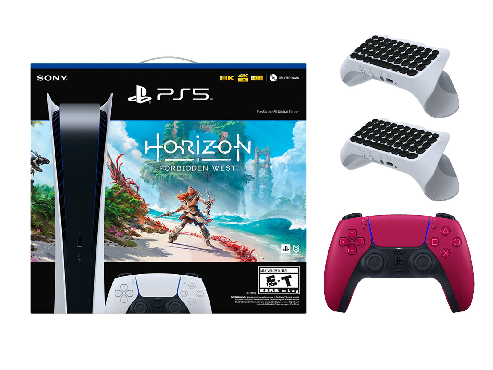 Sony Playstation 5 Digital Horizon Forbidden West Bundle with Extra Red Controller with 2 Pack Surge Wireless Keypad