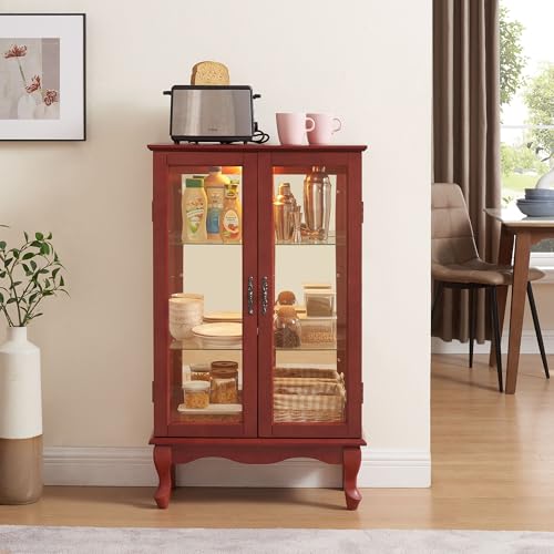 Dolonm Curio Corner Cabinet with Glass Doors, Curio Display Cabinets with Adjustable Shelves, Corner Display Cabinet with Mirrored Back Panel, Lighted Corner Curio Cabinet, Light Bulb Included, Cherry