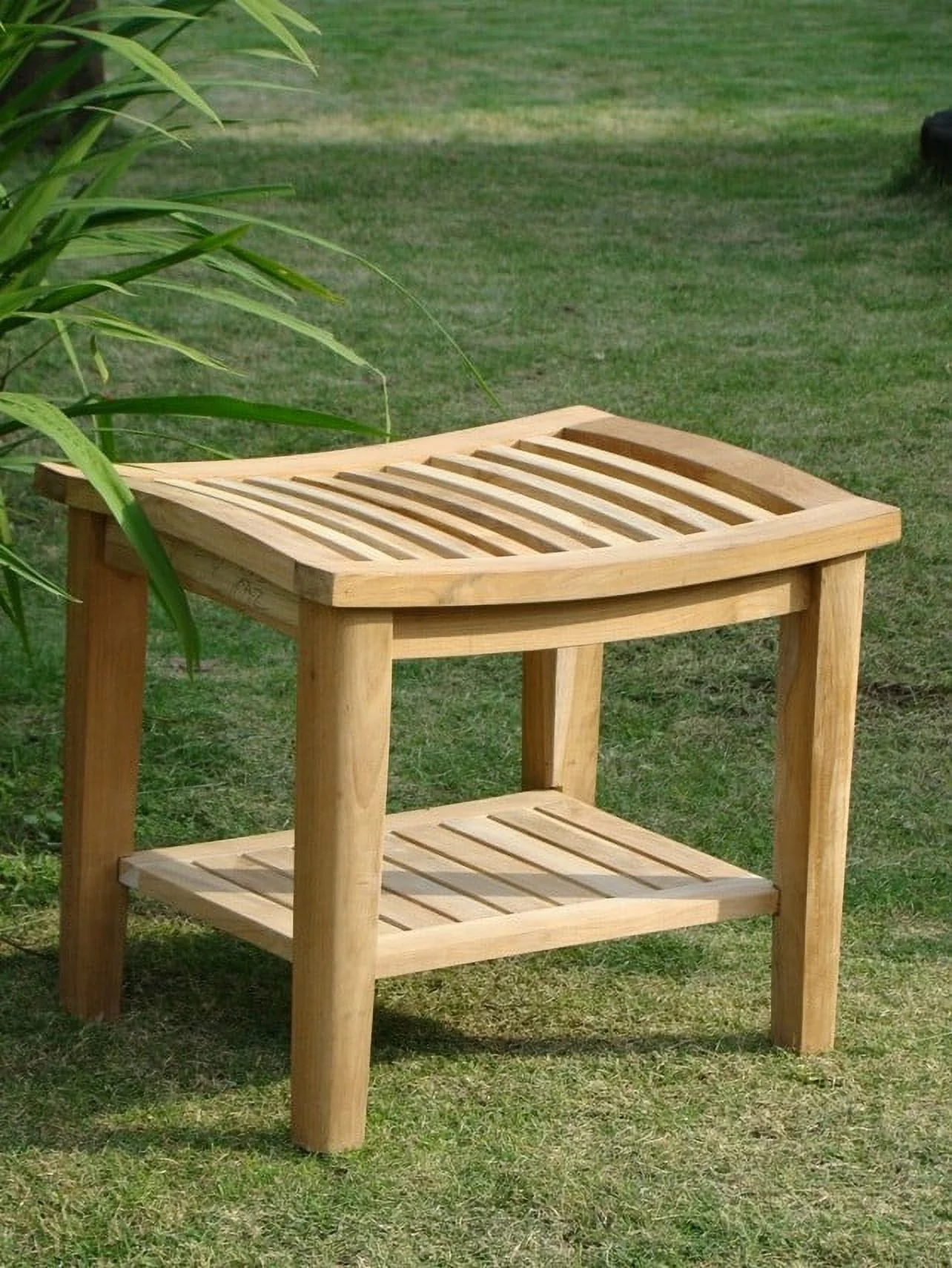 WholesaleTeak Outdoor Patio Grade-A Teak Wood Shower / Bath Room / Pool / Spa Stool Bench with Shelf #WMAXTSWS