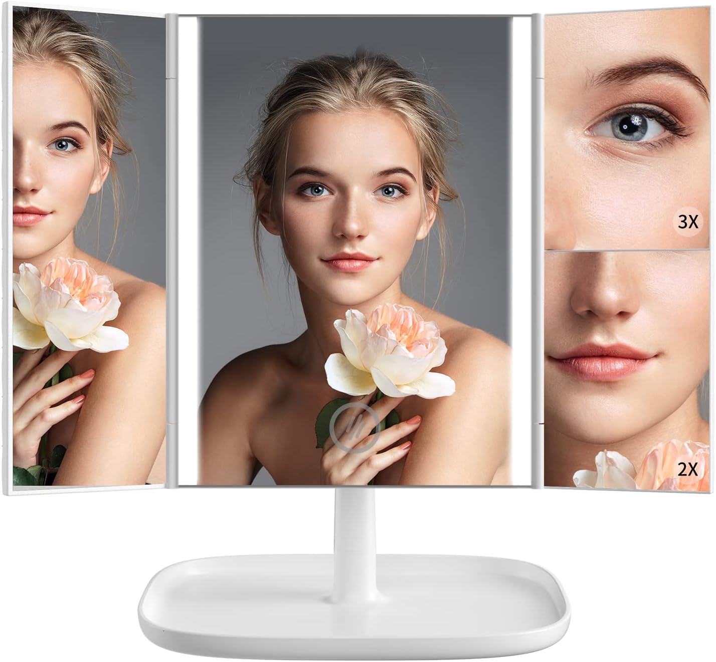 Makeup Vanity Mirror with Lights, 3 Color Lighting Modes 52 LED Trifold Portable Mirror, 1X 2X 3X Magnification, Touch Control, Dual Power Supply, 360 Degree Adjustable Stand