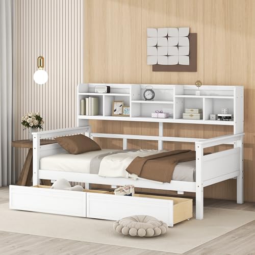 WADRI Multi-Functional Twin Size Daybed with Bedside Shelf and 2 Storage Drawers, Wood Daybed Sofa Bed Frame with Sturdy Slat Support for Office Living Room Bedroom, Easy Assembly (Gray-ss1)