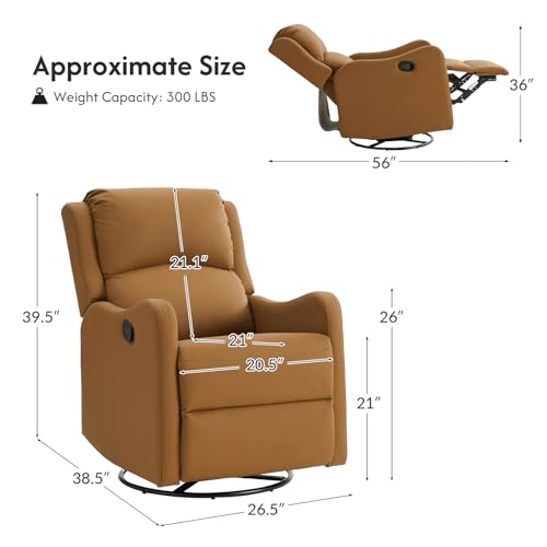 HULALA HOME Swivel Rocker Recliner Chairs Set of 2, Comfy Faux Leather Manual Recliners with Padded Seat Backrest,360° Swivel Glider Recliners for Living Room Bedroom Nursery, Camel