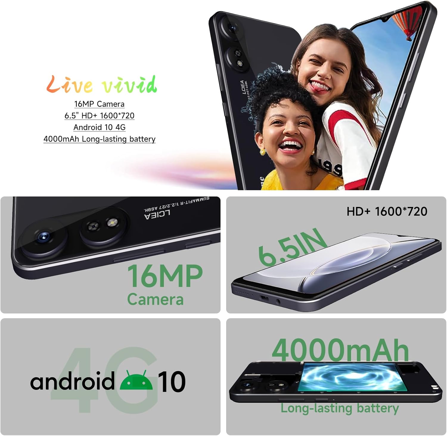 X1 2024 New 4G LTE GSM Unlocked Cell Phone 6.5” HD+ Screen Mobile Phones 4000mAh Android 10 Smart phone 16MP Smartphone Dual SIM (For T-mobile Metro Mint Tello USA Market) Face Unlock (Black)