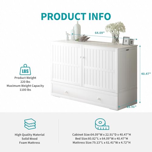 BALUS Murphy Bed Cabinet,Queen Murphy Bed with Tri-fold Mattress & USB Charging Station,Modern Wall Chest Beds with Folding Night Stand Trays and Storage Drawers for Bedroom Living Room,Grey-Blue