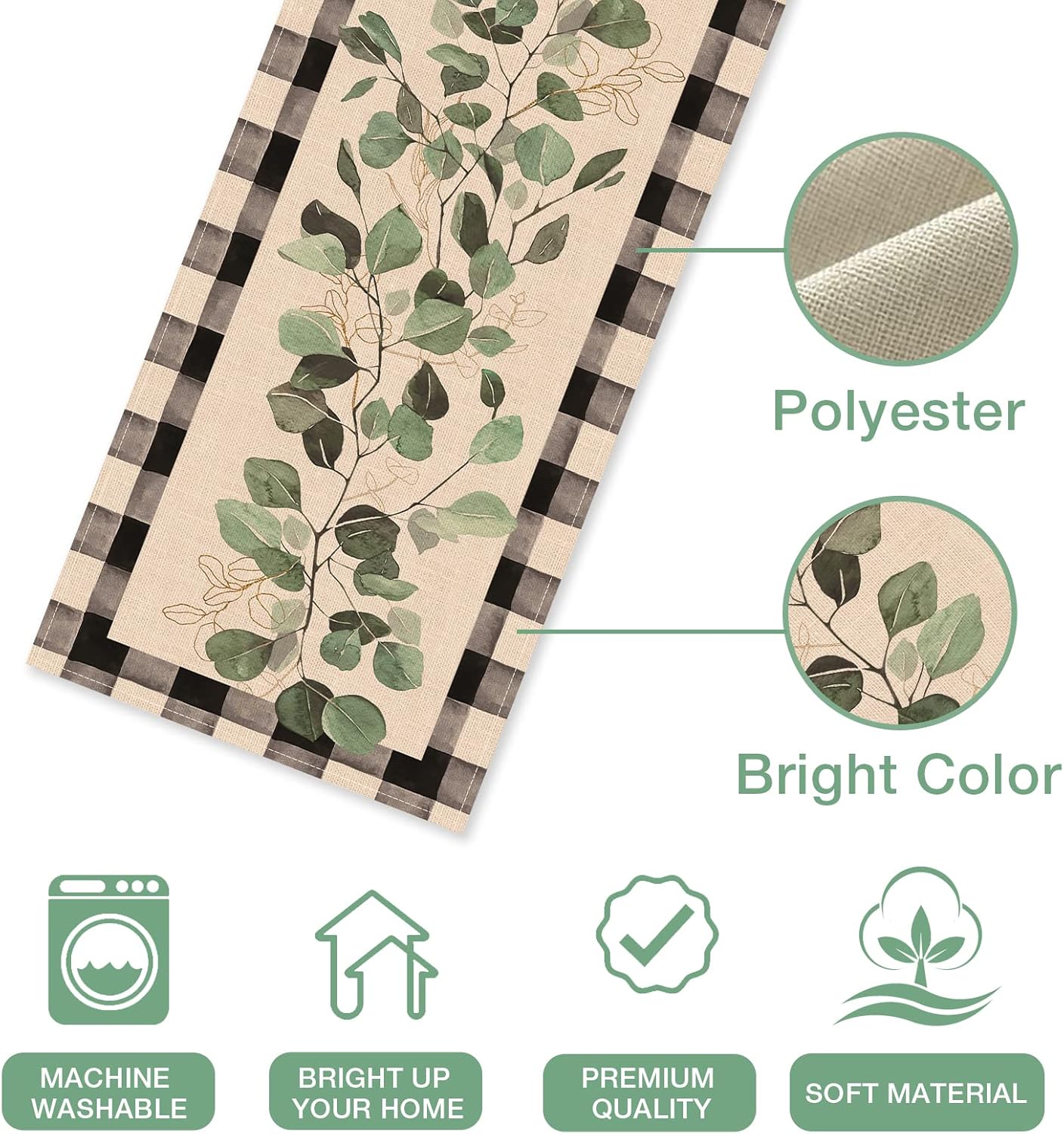 Seliem Spring Eucalyptus Leaves Greenery Table Runner, Black White Buffalo Plaid Check Kitchen Dining Table Decor, Green Plants Botanical Summer Farmhouse Home Decoration Party Supply 13 x 90 Inches