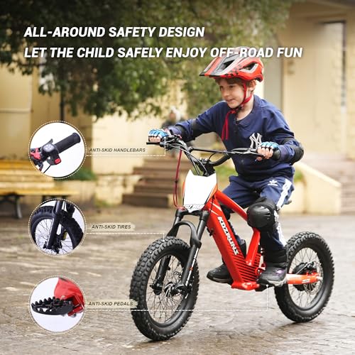 EVO18/20 Lightweight Electric Dirt Bike for Kids, 750/850W Powerful Race-Grade Electric Motorcycle, 18.6/21.7 MPH and 12.4/24.2-Mile Long Range, 3-Speed Mode, for Ages 8-14/12-16