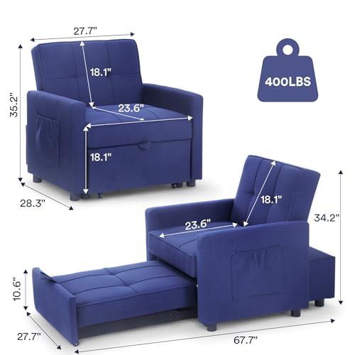 3 in 1 Convertible Sleeper Sofa Bed Pull Out Couch Futon Loveseat Velvet Chaise Lounge with 2 Pockets and 2 Pillows for Living Room, Blue