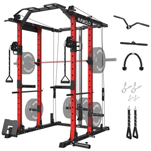 Mikolo Power Cage, Power Rack with Cable Crossover System, 1500LBS Squat Rack with LAT Pull Down System, Workout Cage with Pulley System for Fitness Home Gym