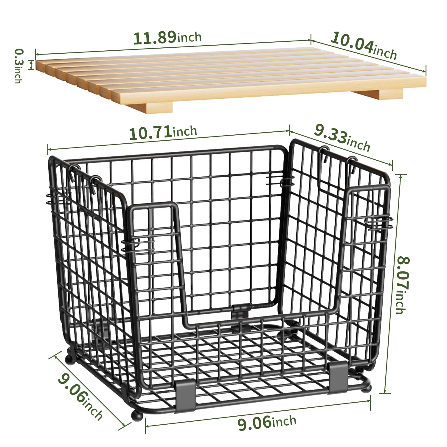 TINANA Stackable Fruit Baskets with Bamboo Top: 2 Pack Pantry Organizer for Kitchen Counter, Storage Wire Organizing Basket for Fruit, Vegetable, Bread- Black