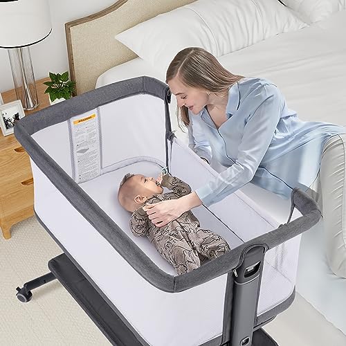 Kinder King Portable Baby Bassinet w/Carry Bag, Newborn Bedside Crib Sleeper, Adjustable Height, All-Sided Mesh Infant Travel Crib, Removable Mattress, Storage Space, No Tool to Assemble, Pink