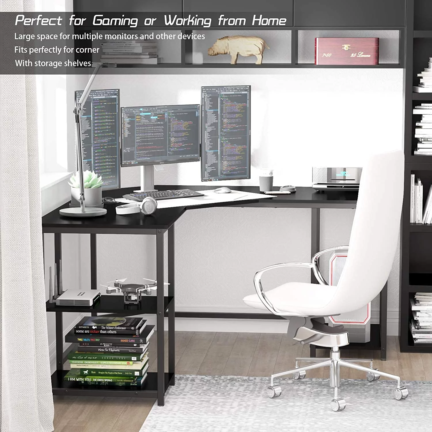 BBNBDMZ L-Shaped Desk with Shelves  Computer Corner Desk   Office Writing Workstation  Gaming Desk PC Laptop Table with Storage