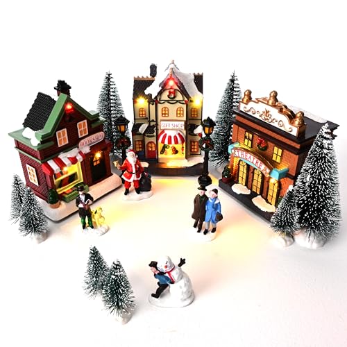 Valery Madelyn Pre-Lit Christmas Village Set House Decoration, Battery Operated Christmas Figurine Accessories Town Building Collection for Holiday Xmas DIY Tabletop (17 PCS)