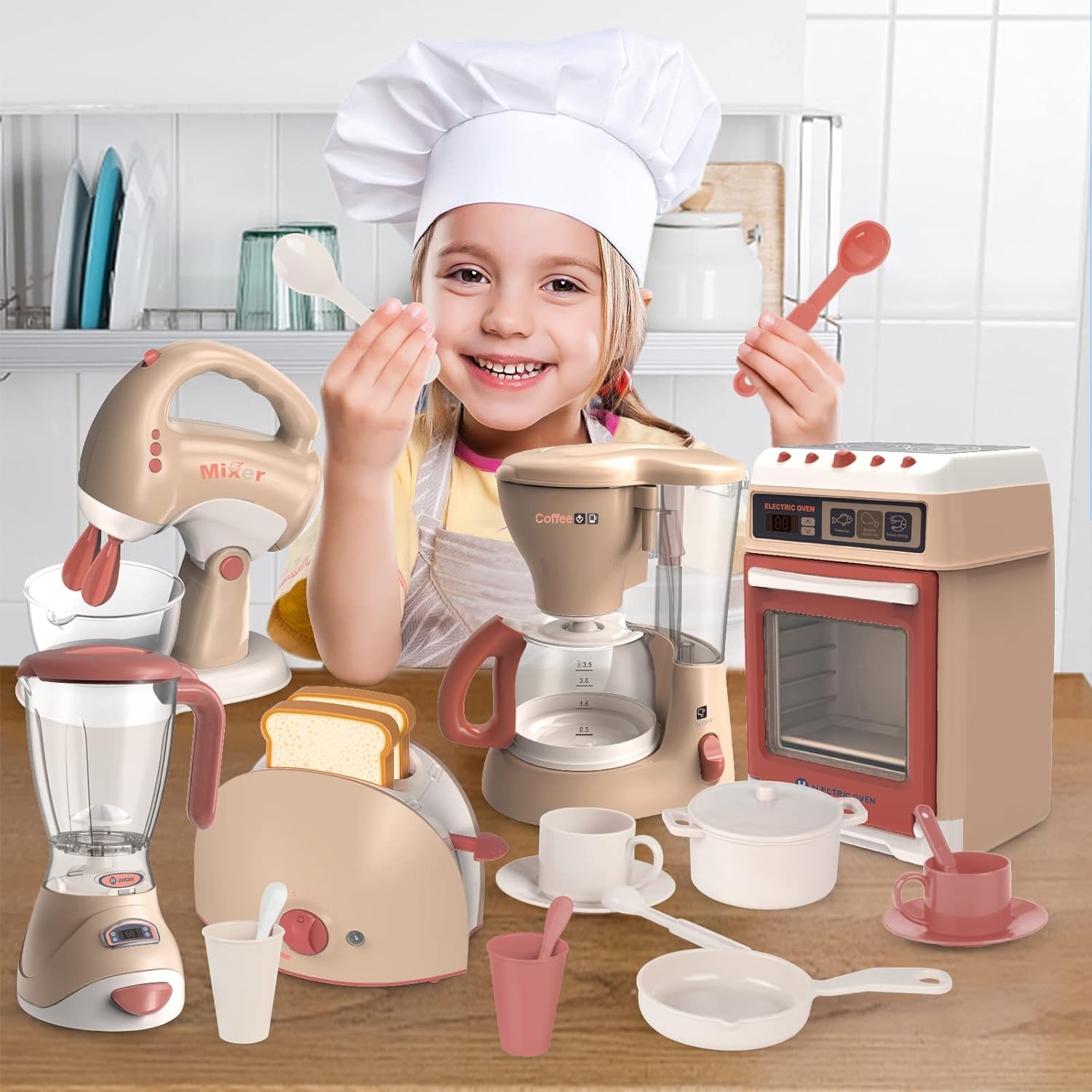 Kitchen Appliances Toys, Toy Kitchen Set for Kids Play Kitchen Accessories Set, Blender, Coffee Maker Machine, Mixer and Toaster,Play Kitchen Set for Kids Ages 4-8