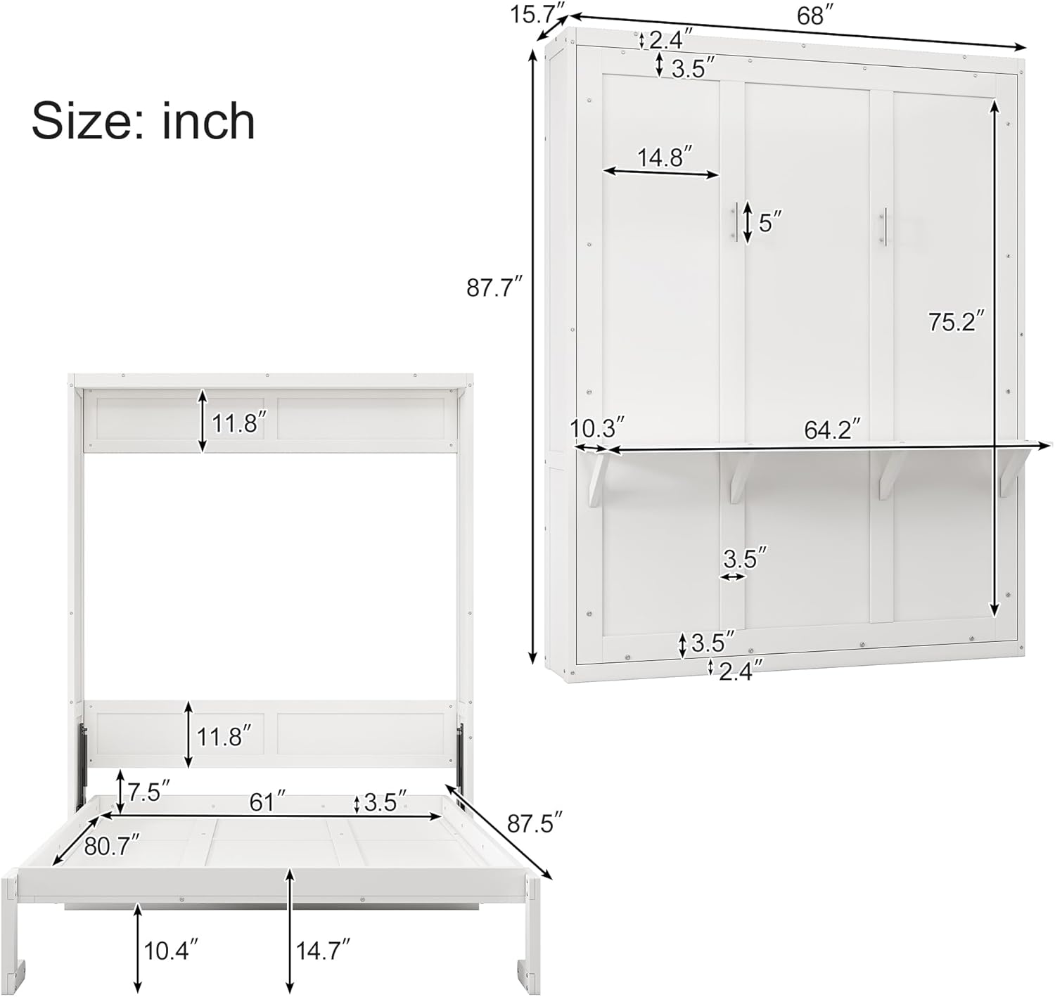 Queen Size Murphy Bed Chest with Desk and 1 Side Storage Cabinet Shelves, Solid Pine Wall Bedframe Foldable with USB Port, Space Saving, for Bedroom Living Room Guestroom, White