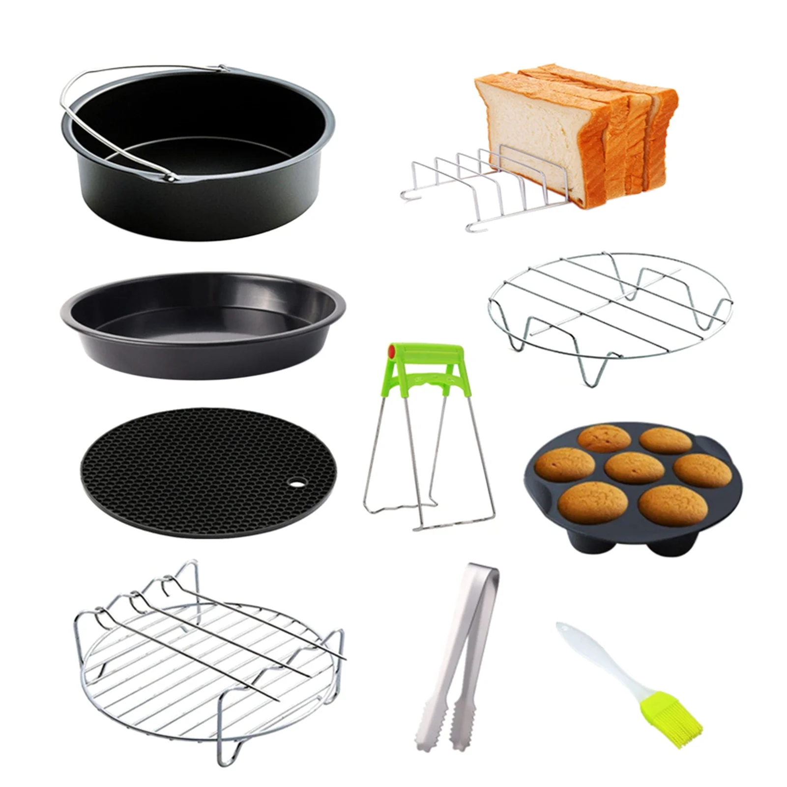 10Pcs Air Fryer Accessory Kit Frying Baking Pan Rack Pizza Tray Pot Metal Holder Bread Bracket Cupcake Mould Set for 3.2QT-5.8QT Air Fryer