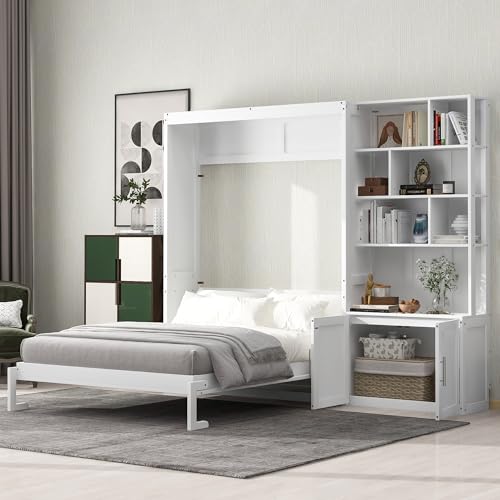 Queen Size Murphy Bed with Desk, 68 inch Murphy Bed Frame, Solid Wood Foldable Platform Bed,Foldable Cube Cabinet Queen Platform Bed, Space-Saving Wall Bed for Guest Room Home Office, White