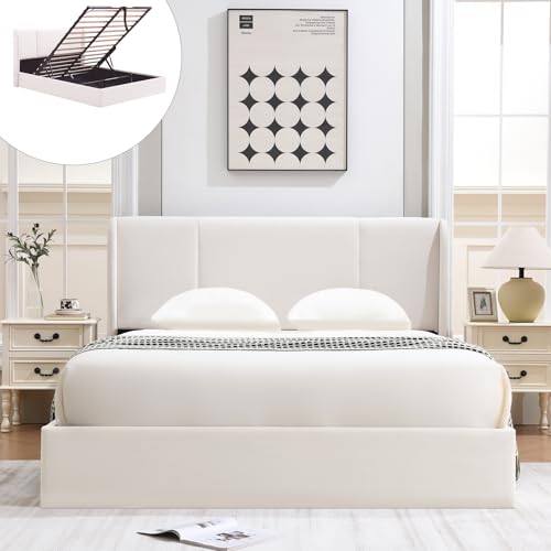 VELOCAVA Queen Size Lift Up Storage Bed with Modern Wingback Headboard, Upholstered Platform Bed with Fabric with Hydraulic Support Bars, No Box Spring Needed, Large Underneath Storage, White