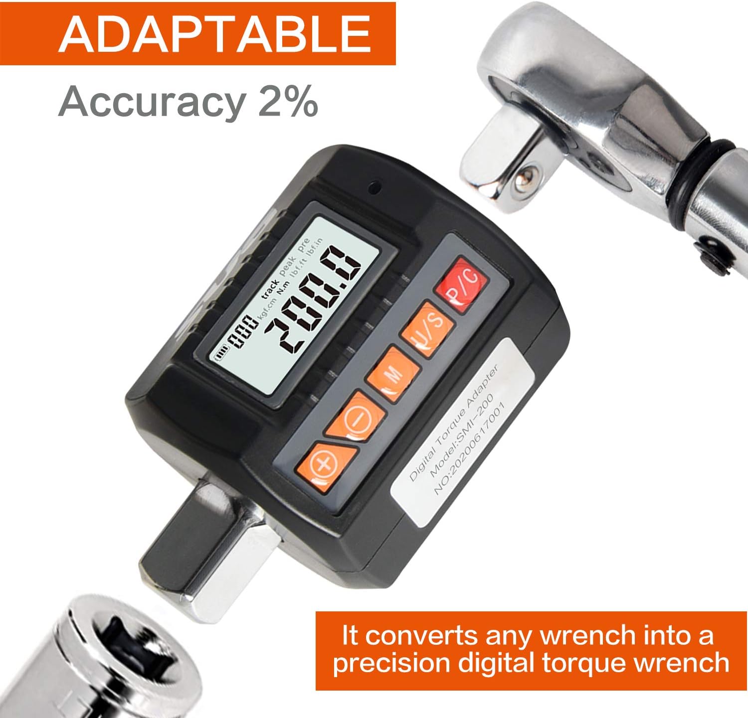 Digital Torque Adapter 200Nm- 1/2” Drive (14.75 to 147.5ft-lbs.) with Buzzer and Backlight Function (Accurate to 2%) Calibrated