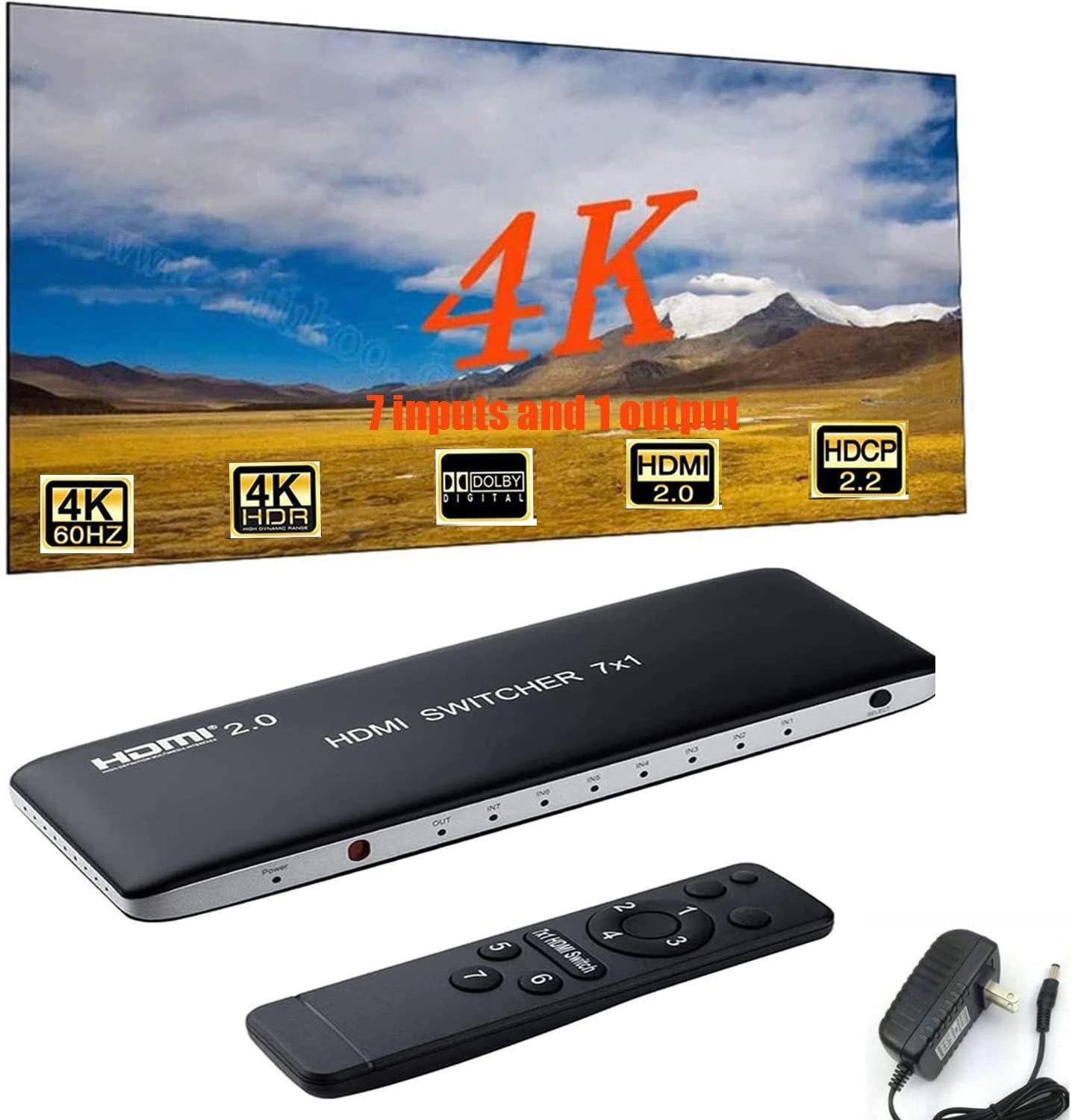 HDMI Switch 7x1 HDMI Switcher 7 in 1 Out HDMI Switch Selector 7Port Box with IR Remote Control HDMI 2.0 HDCP 2.2 Support 4K@60Hz Ultra HD 3D with and Power Adapter (US Power Supply) Pack of 2