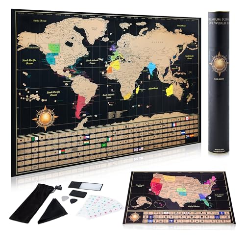 InnovativeMap Scratch Off World Map Poster and Detailed United States Map, Includes Complete Accessories Set and All Country Flags, World Maps for Wall, Fun Gifts for Travelers
