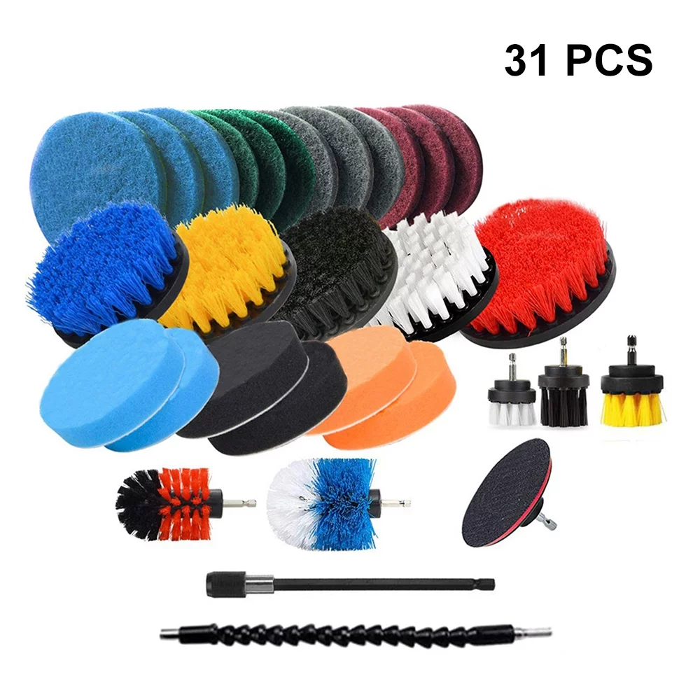 Carevas Electric Drill Brush Set 31PCS with Cloth Scrub Pads Sponge Extendable Long Attachment Power Scrubber for Grout Tiles Sinks Bathtub Bathroom Kitchen