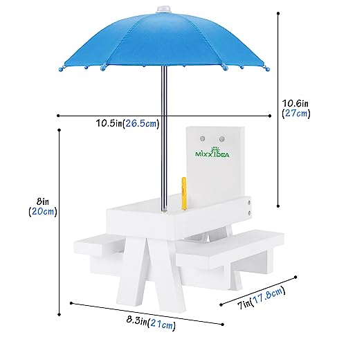 MIXXIDEA Squirrel Feeder Table with Umbrella, Wooden Squirrel Picnic Table Feeder, Sturdy Squirrel Feeder Corn Cob Holder, with Solid Structure and 2 x Thick Benches(Squirrel Feeder table-1pk)