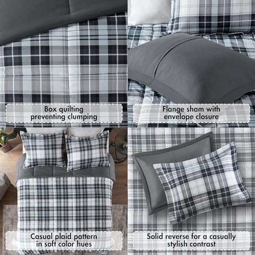 Madison Park Essentials Parkston Plaid Comforter, Matching Sham, 3M Scotchguard Stain Release Cover, Hypoallergenic All Season Bedding-Set, King/California King, Black, 3 Piece