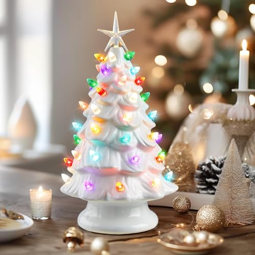 Brightown 13 Inch Ceramic Christmas Tree, Pre-lit Tabletop Christmas Tree with Multicolored LED Lights, Battery Operated Vintage Lighted Ceramic Tree for Home Office Table Holiday Decorations, Green