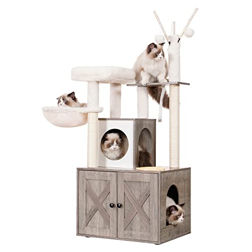 Heybly Cat tree, Wood Litter Box Enclosure with Food Station, All-in-one Indoor Cat Furniture with Basket and Condo, Modern Style Cat Tower, Hammock, Rustic Brown HCT101SR